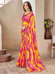 ساري نسائي وردي اللون من الشيفون مزين بتطريزات أنيقة مع قطعة بلوزة