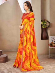 ساري نسائي أصفر من الشيفون مزين بتصميم أنيق مع قطعة بلوزة