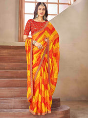 ساري نسائي أصفر من الشيفون مزين بتصميم أنيق مع قطعة بلوزة