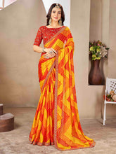 ساري نسائي أصفر من الشيفون مزين بتصميم أنيق مع قطعة بلوزة