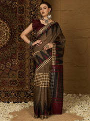 ساري نسائي من حرير بهجالبوري بيج مطبوع بتصميم أنيق مع قطعة بلوزة