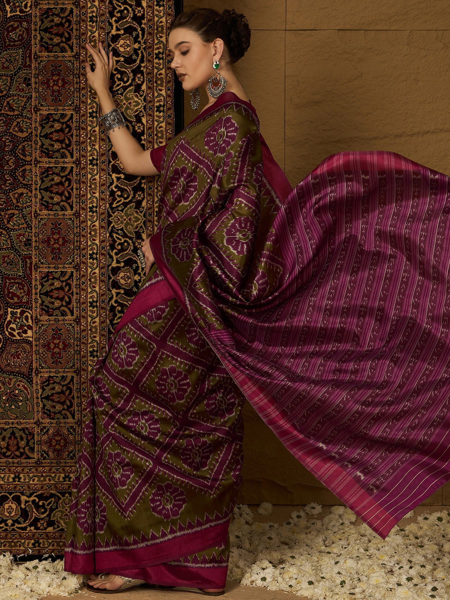 Women's Bhagalpuri Silk Olive Printed Designer Saree With Blouse Piece