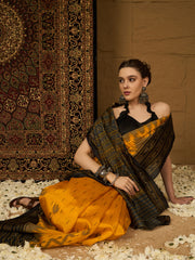 ساري نسائي من حرير بهجالبوري أصفر مطبوع بتصميم أنيق مع قطعة بلوزة