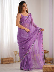 Women's Paper Silk Lavendar Embroidered Designer Saree With Blouse Piece