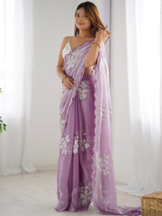 Women's Organza Lavendar Embellished Designer Saree With Blouse Piece