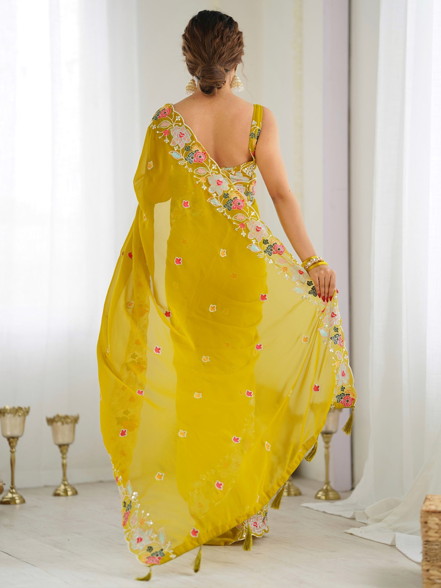 Women's Georgette Mustard Embellished Designer Saree With Blouse Piece