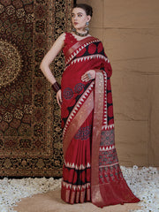 Women's Viscose Silk Red Printed Designer Saree With Blouse Piece