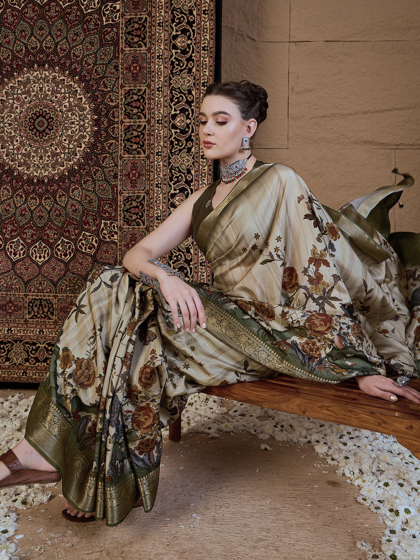 Women's Viscose Silk Beige Printed Designer Saree