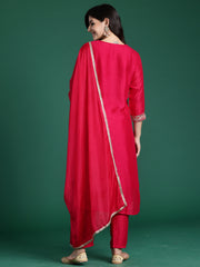 Magenta Embroidered Straight Kurta Trousers With Dupatta Set