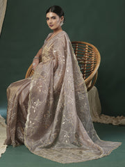 Women's Paper Silk Beige Embroidered Designer Saree With Blouse Piece