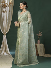Women's Paper Silk Light Green Embroidered Designer Saree With Blouse Piece