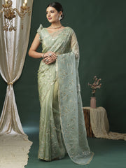 Women's Paper Silk Light Green Embroidered Designer Saree With Blouse Piece