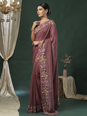 Women's Paper Silk Mauve Embroidered Designer Saree With Blouse Piece