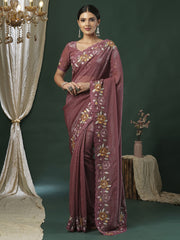Women's Paper Silk Mauve Embroidered Designer Saree With Blouse Piece