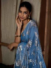 ساري نسائي أزرق مطبوع من الحرير الخالص بتصميم أنيق مع قطعة بلوزة