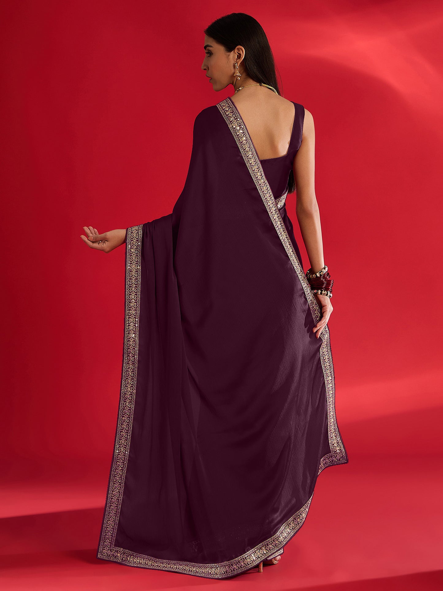 Women's Satin Magenta Embellished Designer Saree With Blouse Piece