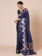 Women's Silk Blend Navy Blue Woven Design Designer Saree With Blouse Piece
