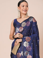 Women's Silk Blend Navy Blue Woven Design Designer Saree With Blouse Piece