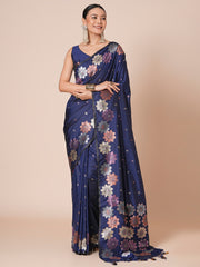 Women's Silk Blend Navy Blue Woven Design Designer Saree With Blouse Piece