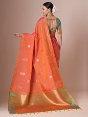 ساري نسائي من الحرير الخالص بلون برتقالي بتصميم منسوج، مع قطعة بلوزة