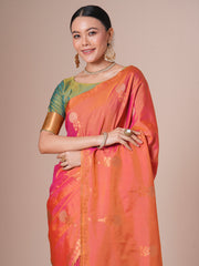 ساري نسائي من الحرير الخالص بلون برتقالي بتصميم منسوج، مع قطعة بلوزة