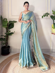 Women's Paper Silk Teal blue Embellished Designer Saree With Blouse Piece