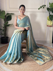 Women's Paper Silk Teal blue Embellished Designer Saree With Blouse Piece