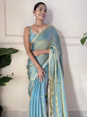 Women's Paper Silk Teal blue Embellished Designer Saree With Blouse Piece