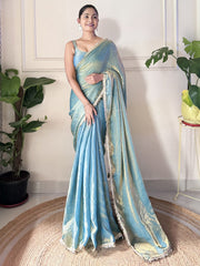 Women's Paper Silk Teal blue Embellished Designer Saree With Blouse Piece
