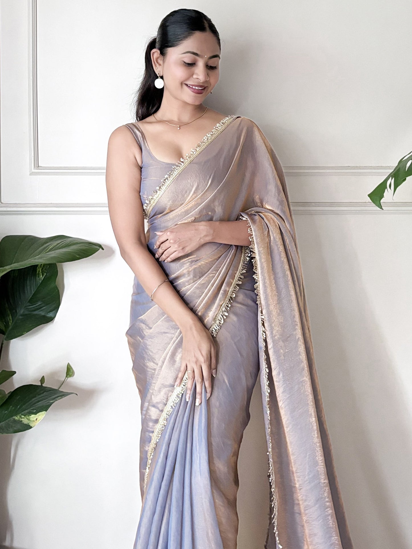 Women's Paper Silk Metallic Embellished Designer Saree With Blouse Piece