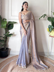 Women's Paper Silk Metallic Embellished Designer Saree With Blouse Piece