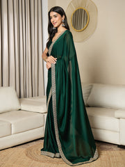 Women's Satin Dark Green Embellished Ready to Wear With Blouse Piece