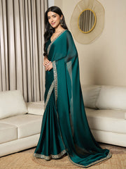 Women's Satin Teal blue Embellished Ready to Wear With Blouse Piece