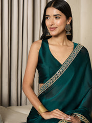 Women's Satin Teal blue Embellished Ready to Wear With Blouse Piece