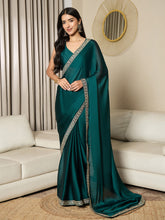 Women's Satin Teal blue Embellished Ready to Wear With Blouse Piece