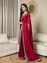 Women's Satin Maroon Embellished Ready to Wear With Blouse Piece