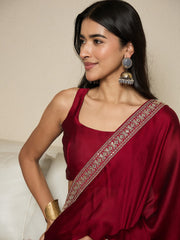 Women's Satin Maroon Embellished Ready to Wear With Blouse Piece
