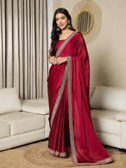 Women's Satin Maroon Embellished Ready to Wear With Blouse Piece