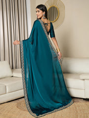 Women's Satin Blue Embellished Ready to Wear With Blouse Piece