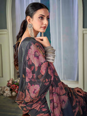 ساري نسائي رمادي مطبوع من الشيفون بتصميم أنيق مع قطعة بلوزة