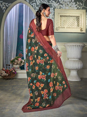 ساري نسائي أخضر مطبوع من الشيفون بتصميم أنيق مع قطعة بلوزة