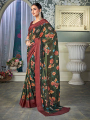 ساري نسائي أخضر مطبوع من الشيفون بتصميم أنيق مع قطعة بلوزة