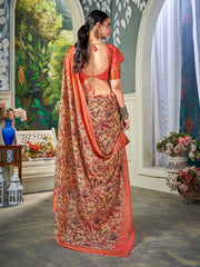 ساري نسائي وردي مطبوع من الشيفون بتصميم أنيق مع قطعة بلوزة