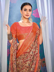 ساري نسائي وردي مطبوع من الشيفون بتصميم أنيق مع قطعة بلوزة