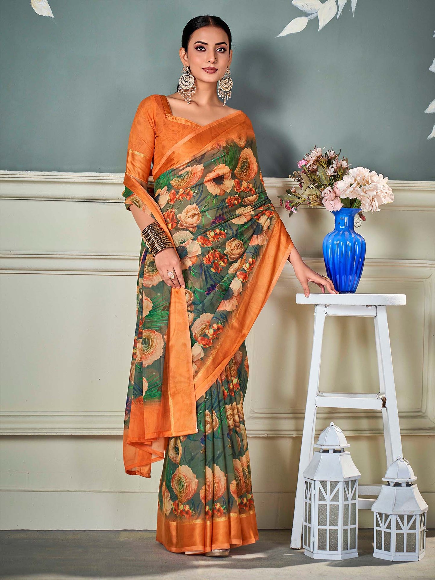 Women's Chiffon Olive Printed Designer Saree With Blouse Piece