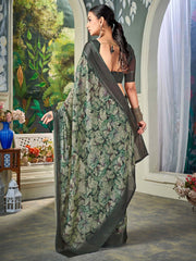 ساري نسائي من الشيفون الأخضر البحري مطبوع بتصميم أنيق مع قطعة بلوزة