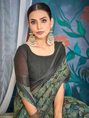 ساري نسائي من الشيفون الأخضر البحري مطبوع بتصميم أنيق مع قطعة بلوزة