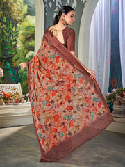 ساري نسائي من الشيفون البرتقالي المطبوع بتصميم أنيق مع قطعة بلوزة