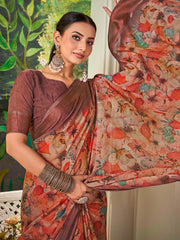 ساري نسائي من الشيفون البرتقالي المطبوع بتصميم أنيق مع قطعة بلوزة