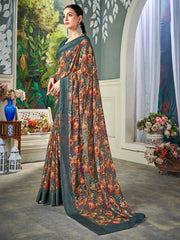 ساري نسائي رمادي مطبوع من الشيفون بتصميم أنيق مع قطعة بلوزة